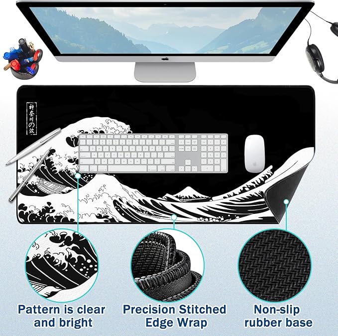 Mouse Pad Gaming - Desk Mat for Keyboard and Mouse - Japanese Sea Wave Large Mouse Pads for Desk, Desks Pad(35.4" X 15.7") with Non-Slip Base, Kanagawa Gaming Mousepad for Game, Office and Home