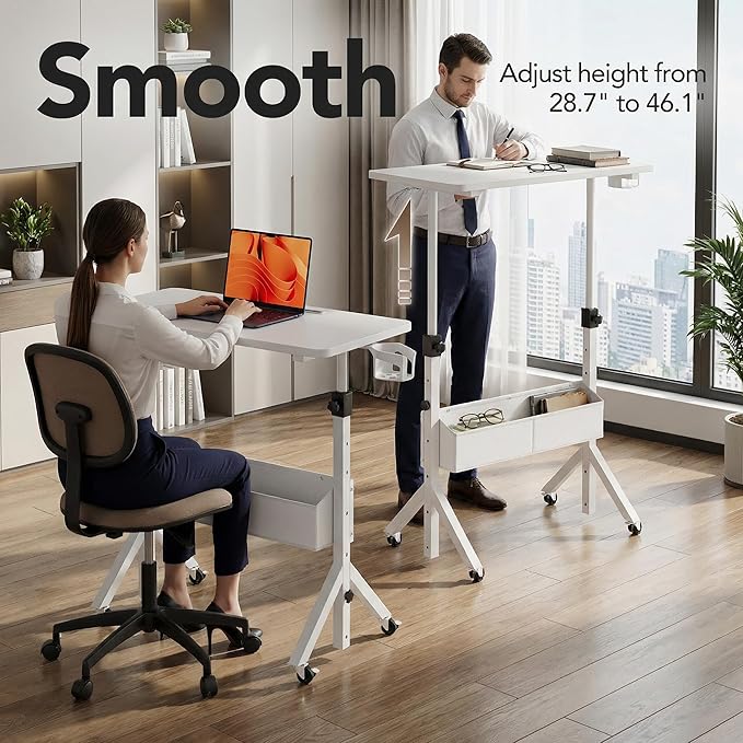 HUANUO Mobile Standing Desk with Wheels and Storage Basket, Height Adjustable 28.7"-46.1" Rolling Desk for Walking Pad, Small Space Laptop Computer Workstation for Home Office,White