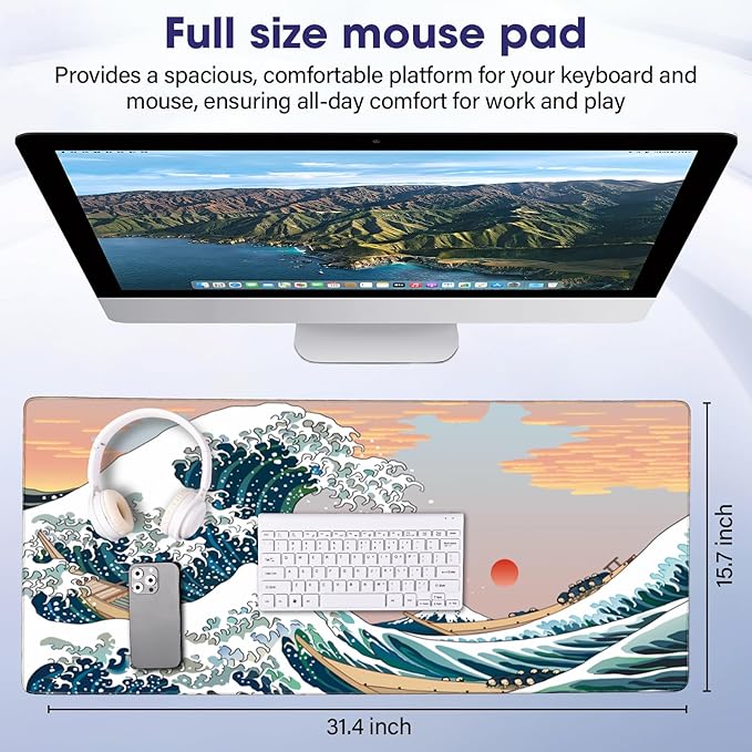 Japanese Sea Wave Large Gaming Mouse Pad – 31.5" x 15.7" Full Desk Mat, Non-Slip Rubber Base, Stitched Edges, Waterproof Durable Surface for Esports, Office, Home