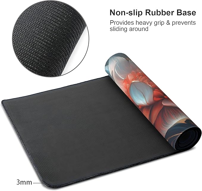 Floral Aesthetic Lotus Gaming Mouse Pad, Ink Blue Red Cyber Desk Mat with Anti-Slip Base & Stitched Edges,35.4" x 15.7" in Table Mat for Computer Desktop, Beautiful Workstation Decor