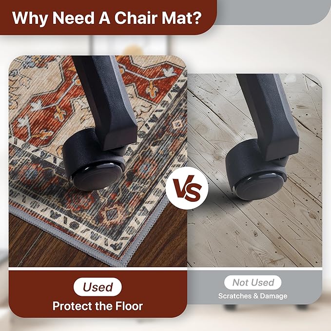48"x60" Office Chair Mat for Hardwood Tile Floor, Under Desk Carpet Protector for Rolling Computer Chair Mat, Machine Washable Area Rug, Anti-Slip 1/5" Thick Low Pile Thin Vinyl Floor Mat, Annatto