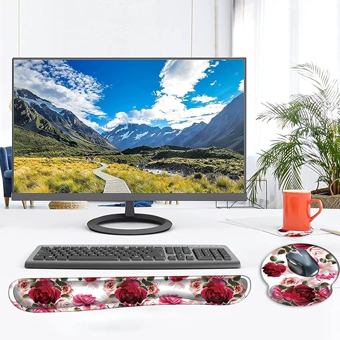 Mouse Pad Wrist Support and Keyboard Wrist Rest with Coaster,Non-Slip Rubber Base Ergonomic Gaming Mousepad for Home Office Working Studying Easy Typing & Pain Relief,Roses and Hyacinth Flowers
