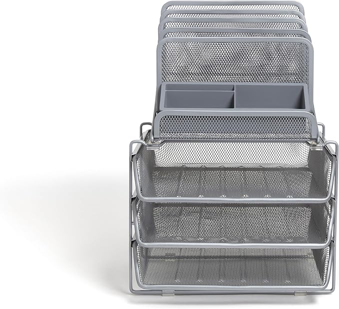 TRU RED All‑In‑One Wire Mesh Desk Organizer, 10‑Compartment, Silver – Complete Desktop Storage Solution for Office & Home Use