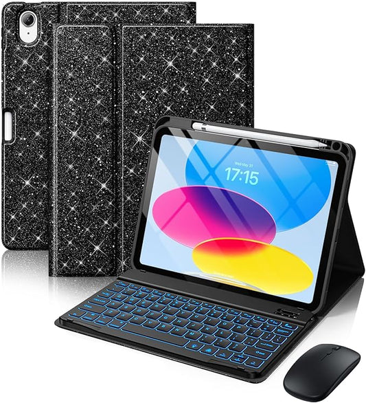 Hamile for iPad A16 Case with Keyboard - Mouse Backlit Wireless Detachable Keyboard Glitter Folio Cover with Pencil Holder for iPad 11th Gen A16 11-inch 2025 10th Generation 10.9 Inch 2022 - Black