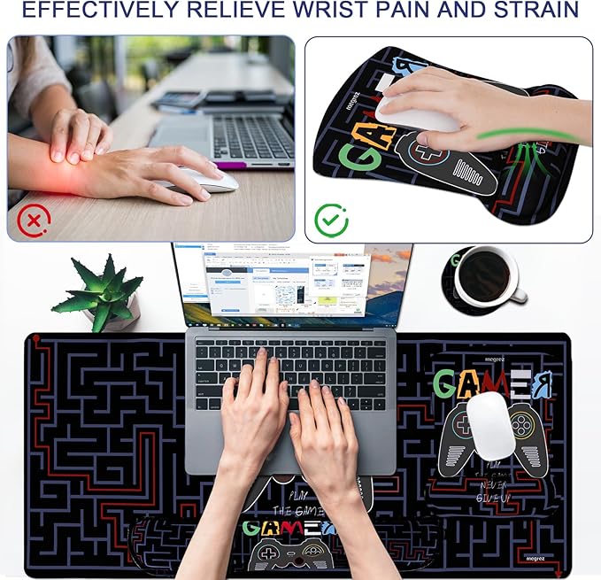 MEGREZ 4-in-1 Ergonomic Memory Foam Wrist Rest Set, Desk Pad, Mouse Pad with Wrist Rest, Keyboard Pad, Suitable for Office Workers, Programmers & Gamers–Relieve Typing & Gaming Fatigue, Black