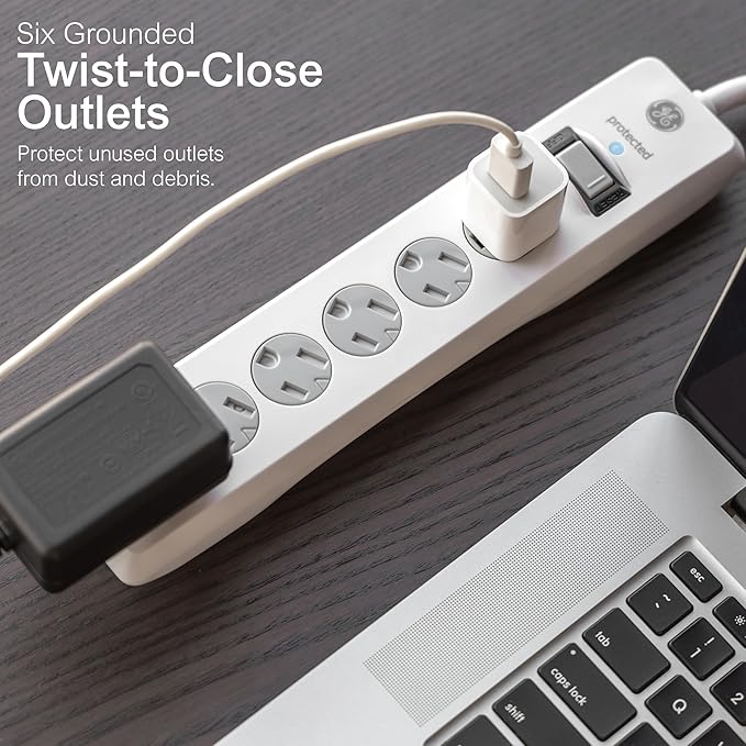 GE Surge Protector Power Strip, 6 Ft Extension Cord, 6 Outlet Extender, 800 Joules, Flat Plug, Twist-to-Close Safety Covers, ETL Listed, White, 67051