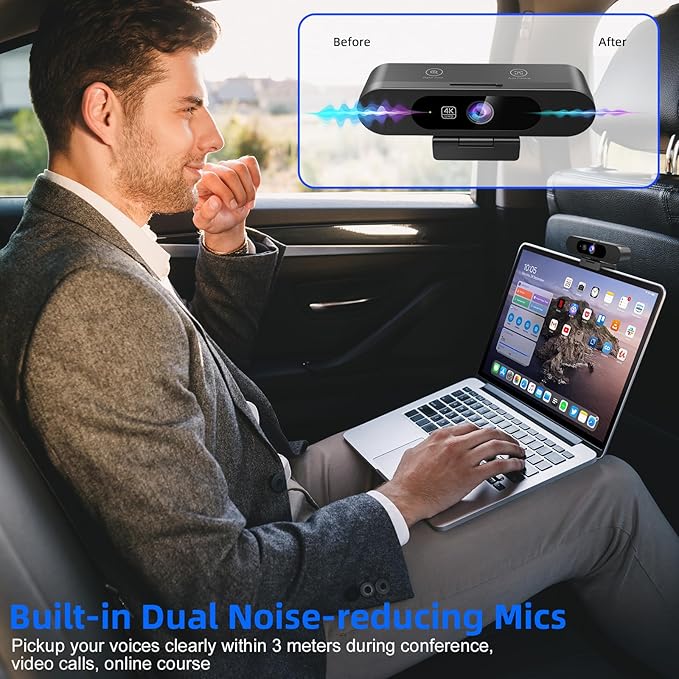 4K Webcam for PC, AI Auto Framing, Picture-in-Picture, USB Webcam with 2x Noise Reducing Mics, Auto Light Correction, 5X Zoom, 92°FOV, Plug and Play, Ideal for High-end Meeting, Video Calling