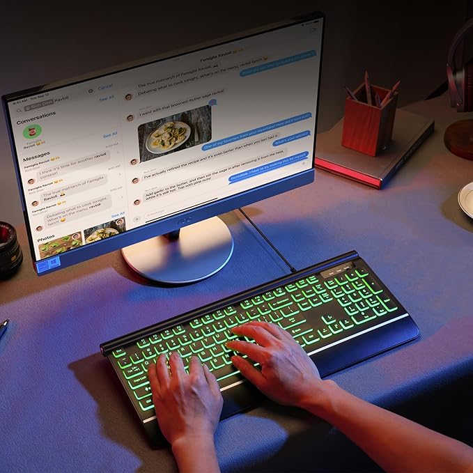 Backlit Computer Keyboards, Wired Light Up Keyboards with 7-Color Backlit, USB Lighted Keyboard Easy to See and Type, Corded Full-Size Keyboard for Windows Desktop, Laptop, PC