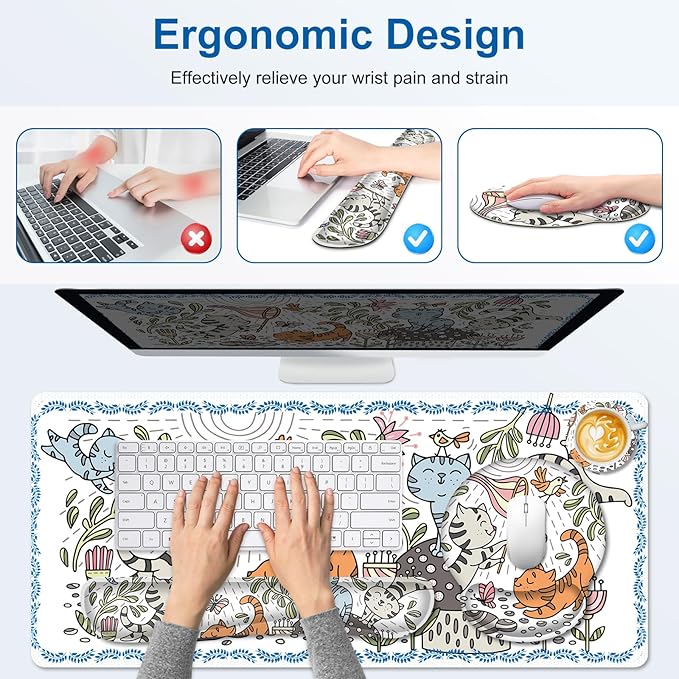 Cute Desk Mat, 4in1 Large Mouse Pad with Wrist Rest, Desk Matt for Desktop, Desk Pad Mat, Anti-Slip XXL Computer Ergonomic Mousepad with Wrist Support for Keyboard and Mouse I Funny Cat Animals