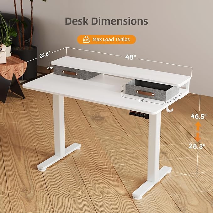 Seang Electric Standing Desk with 2 Drawers, Adjustable Standing Desk with Storage Shelf, Height Adjustable Stand up Desk for Home Office with 3 Presets & 2 Hooks, 48 Inch, White