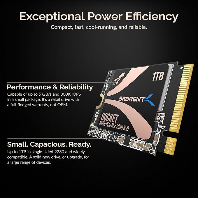 SABRENT Rocket 2230 1TB NVMe SSD – PCIe Gen4 M.2 2230 Internal SSD for Steam Deck, Surface Pro, ROG Ally – Up to 5000 MB/s Gen4 x4 Speed, DRAM-Less HMB Design [SB-2130-1TB]