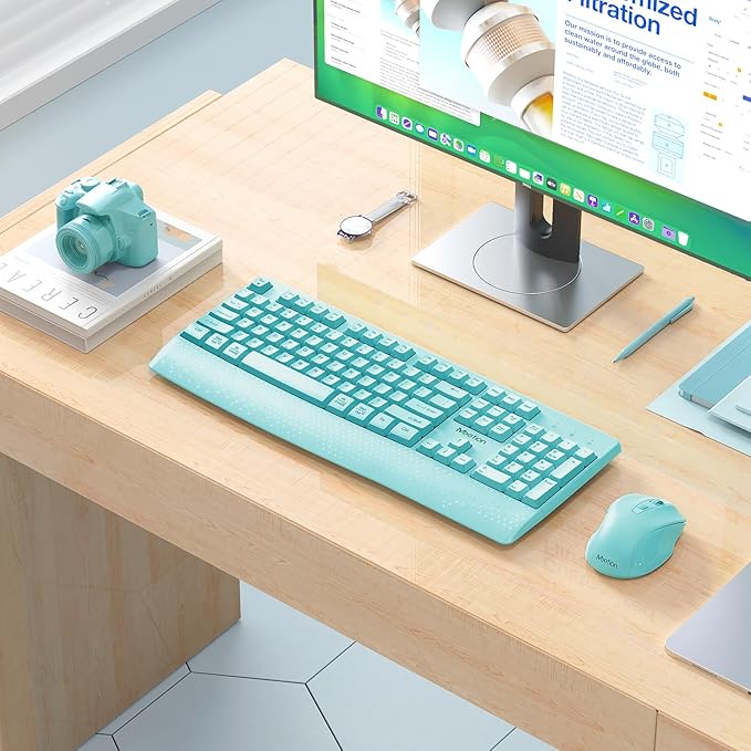 MEETION Wireless Keyboard and Mouse, Full-Sized Cordless Keyboard with Wrist Rest, 3 DPI Adjustable Mouse, 2.4GHz USB-A Receiver, Computer Keyboard for PC/Computer/Laptop/Windows/Mac, Blue