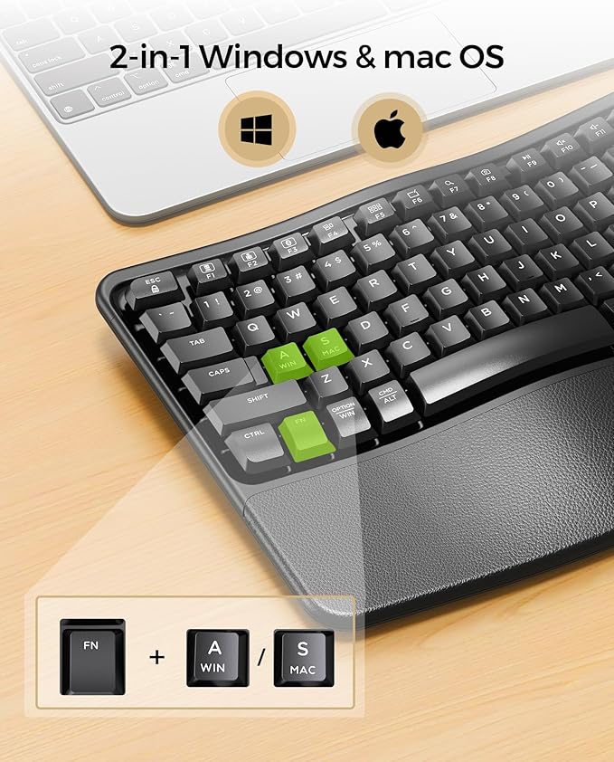 seenda Bluetooth Ergonomic Keyboard, COE311 Wireless Keyboard with 3 Multi-Device Connectivity, Rechargeable, Wave Keys, Soft Wrist Rest, Compatible for Windows/macOS/PC/Laptop/MacBook/iPad - Black