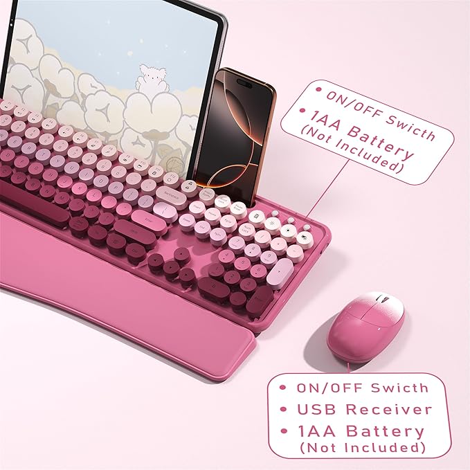 Colorful Wireless Computer Keyboard and Mouse Combo with Phone Holder, Wrist Rest, Typewriter Keys, 2.4GHz Wireless, Full-Sized Optical Mouse for PC and Laptop(Rose-Red Colorful)
