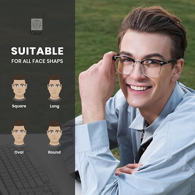 Cyxus Blue Light Glasses for Women Men Retro Semi Rimless Browline Blue Light Glasses for Computer Eye Strain Gaming Glasses Anti Harmful Blue Light 8056T15