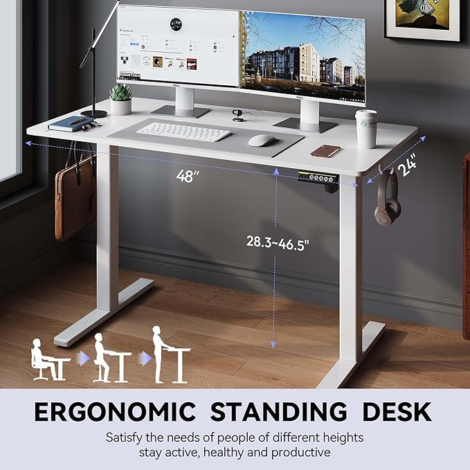 Electric Standing Desk,48x24 Inches Adjustable Height Stand up Desk, Sit Stand Home Office Desk with Splice Board, 3 Preset Heights,Equipped with Hooks,Ergonomic Computer Desk Workstation，White