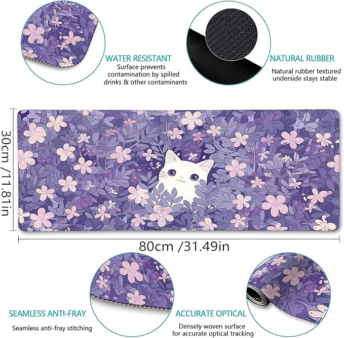 Cat Purple Mouse Pad Large Desk Mat, Kawaii Purple Computer Mousepad with Stitched Edges Non-Slip, Keyboard Mouse Pad for Desktop Cute Office Supplies Desk Decor Accessories 31.5x11.8 in