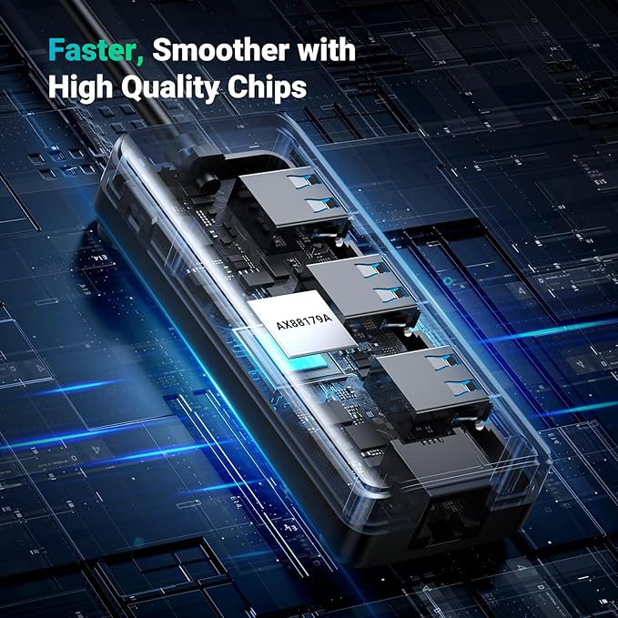 UGREEN USB 3.0 Hub Ethernet Adapter 10 100 1000 Gigabit Network Converter with 3 USB 3.0 Ports Hub Compatible with Laptop PC MacBook Mac mini Surface XPS Windows Linux macOS, and More