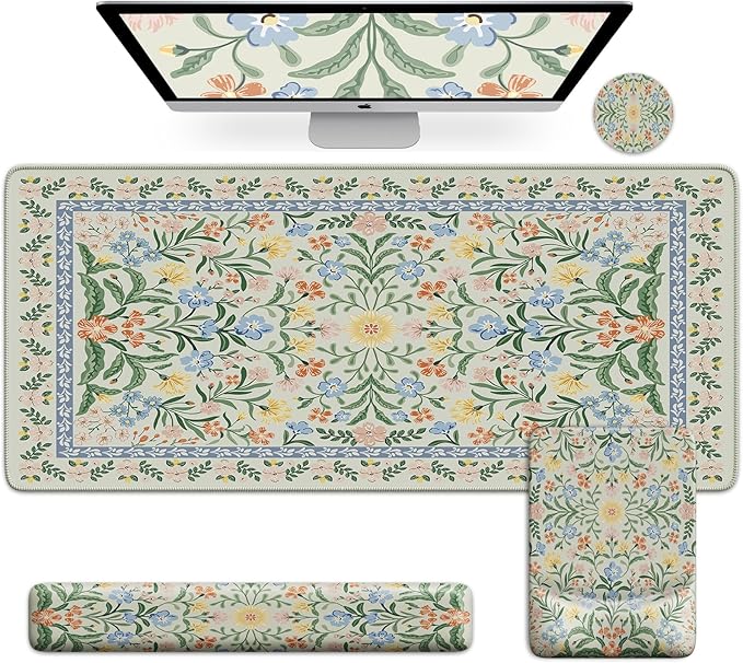 iCasso Mouse Pad with Wrist Rest,Large Desk Mat Set,Ergonomic Keyboard Pad with Wrist Support,Non-Slip Mouse Mat for Women,Cute Floral Computer Mat for Home Office Gaming (Light Green)
