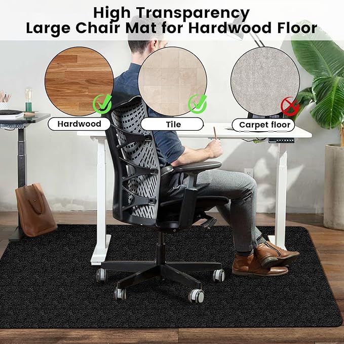 Office Chair Mat for Hardwood Floor: 63" x 51" Extra Large Black Office Chair Mats, Anti-Slip Rubber Floor Mat for Gaming Rolling Chair, Heavy Duty Protector for L Desk, Home, Gaming Easy Glide