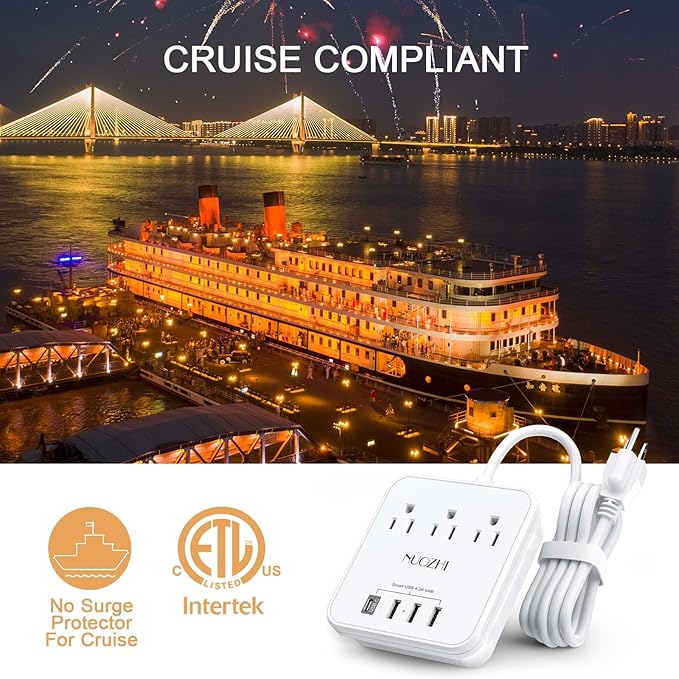 Cruise Essentials,20 Ft Power Strip with 3 Outlets and 4 USB Ports(1 USB C), Non Surge Protector for Cruise Ship, Travel, Home Office, ETL Listed, White