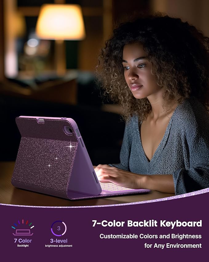 typecase Folio Keyboard Case for iPad 10th Gen 10.9 inch (2022) and iPad 11th (A16, 2025), Magnetic Wireless Detachable Keyboard, 7-Color Backlight, Thin & Light, Pencil Holder – Purple Glitter