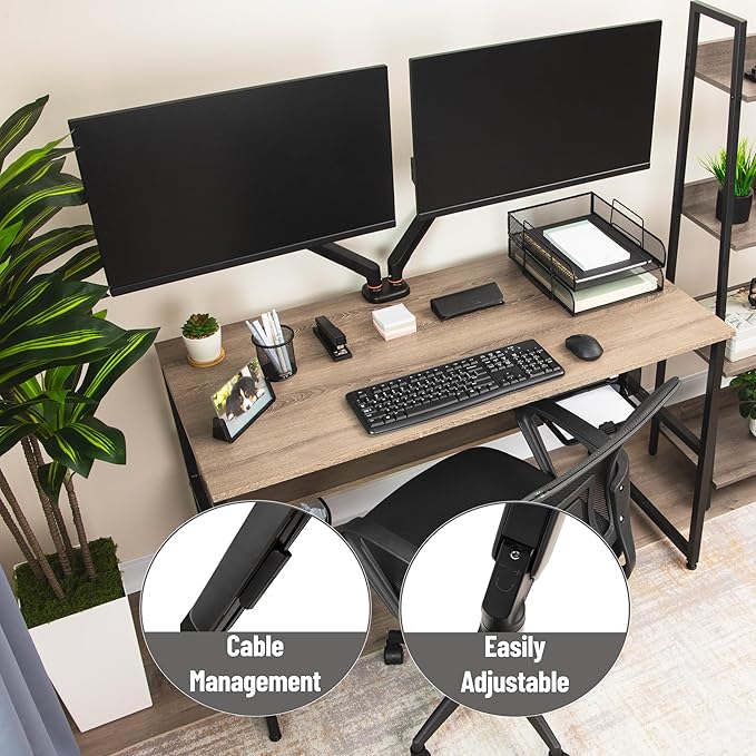 Mind Reader Dual Monitor Gas Spring Desk Mount, Counter-Balance Arm for 13"–32" Monitors, VESA 75x75 / 100x100, ±180° Rotation, ±65° Tilt, ±180° Swivel, 19.8 lb Capacity Each, Cable Management, Black