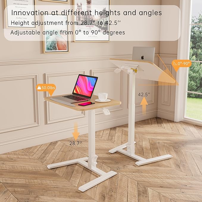25 Inch Mobile Folding Desk - No Assembly, Pneumatic Sit-Stand, 29-42" Height Adjustable Rolling Laptop Desk with Hidden Wheels, 0-90° Tilt Top for Home Office, Craft & Study