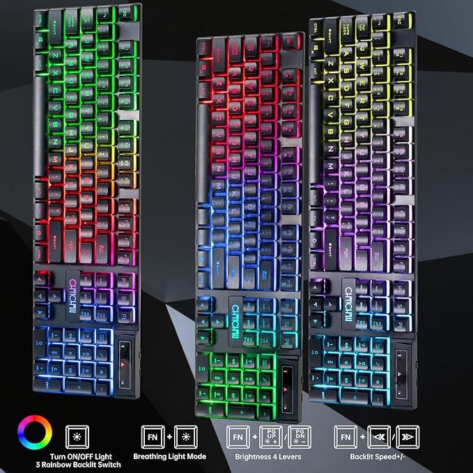 CHONCHOW Wireless Keyboard and Mouse Combo - 2.4G Rechargeable USB Rainbow LED Backlit Wireless Gaming Keyboard,Anti-ghosting Multimedia Keys Mechanical Feel for PC Laptops PS Xbox