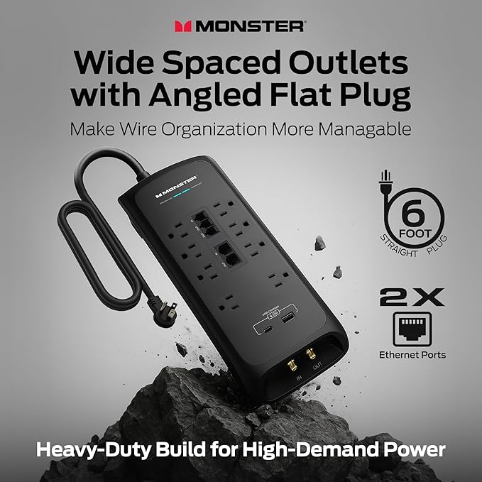 Monster Power Surge Protector w/ 4,050 Jules Rating — Heavy Duty Power Strips with Surge Protection, 8 Outlets, USB-A & USB-C, 2 Coax, 5 Ethernet Ports, Fireproof MOV, Dual Mode (6FT Cord, Black)