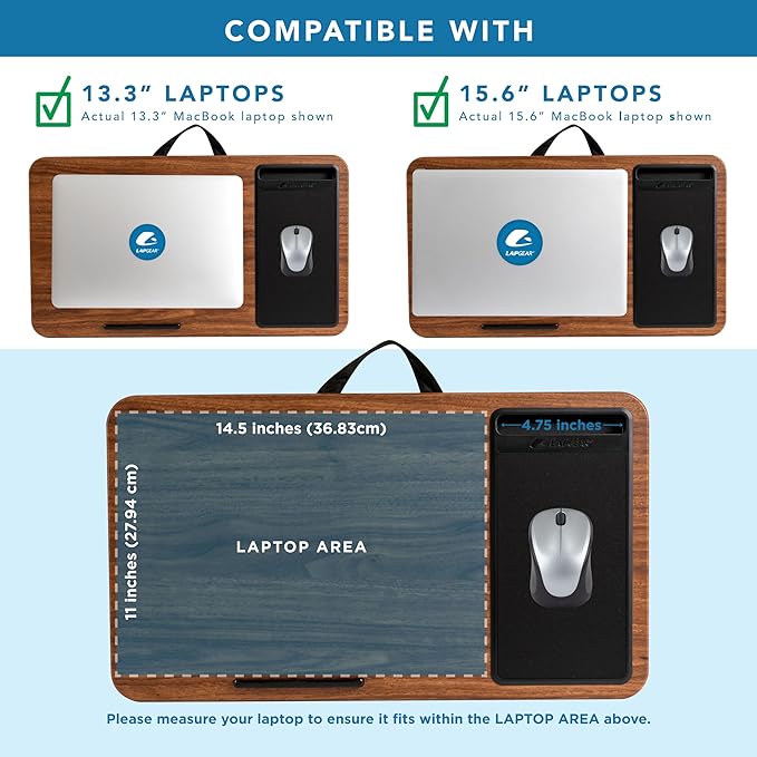 LAPGEAR Home Office Lap Desk with Device Ledge, Mouse Pad, and Phone Holder - Espresso Woodgrain - Fits up to 15.6 Inch Laptops - Style No. 91575
