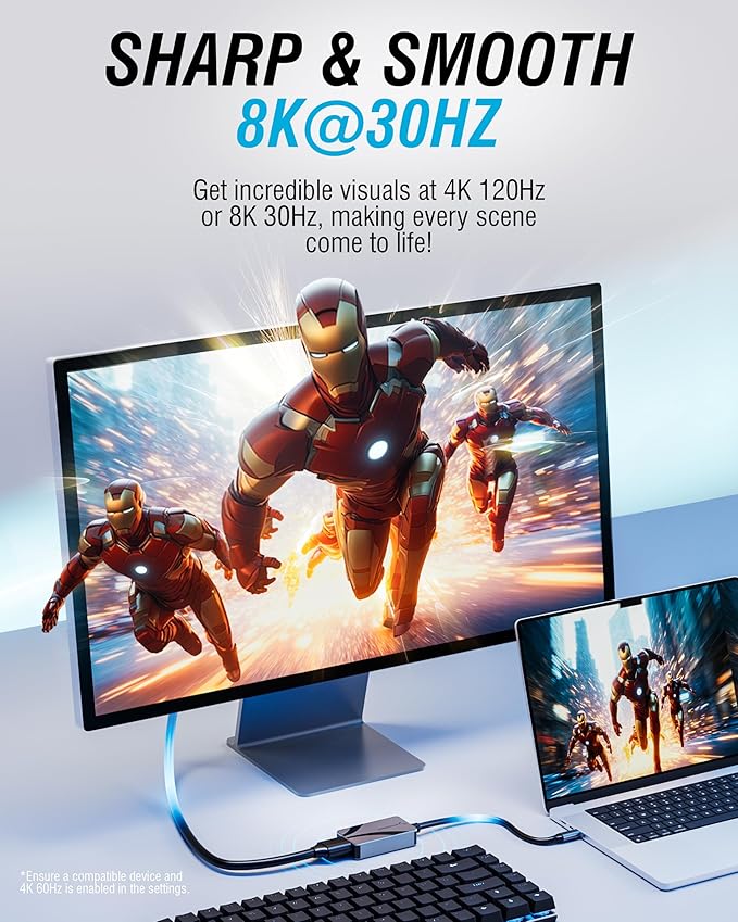 SABRENT 8K USB Type-C to HDMI Adapter - 8K@30Hz & 4K@120Hz, HDR10/Dolby Vision, VRR & FreeSync, Compatible with Laptops, Tablets, Smartphones, Portable Gaming Systems, Aluminum Design (DA-CH8K)