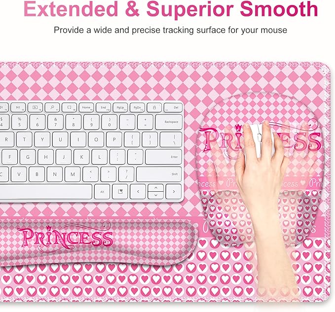 Mouse Pad with Wrist Support 4 in1 Set, XXL Big Game Mousepad + Keyboard Wrist Rest + Mouse Wrist Rest Pad +Coaster Gaming Mat for Home Office Work Computer Laptop I Pink Checkered Princess Girl