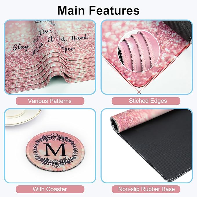 Pink Large Gaming Mouse Pad with Coaster, Desk Mat, Mouse Pad for Computer Keyboard Laptop Office Decor, Stitched Edges Extended Mousepad, 31.5'' x15.6''-Letter M