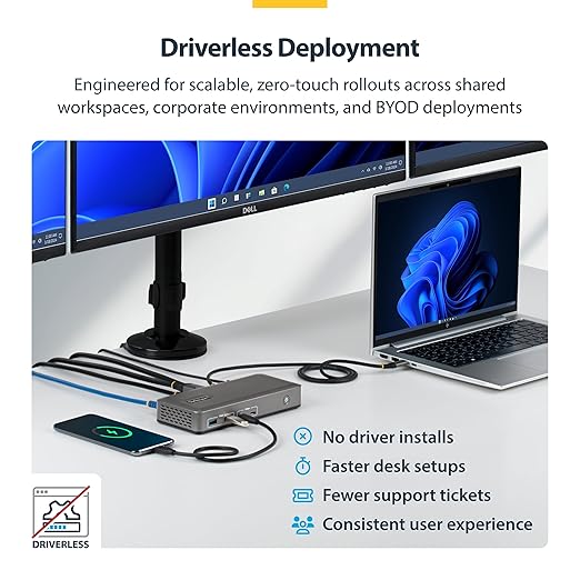 StarTech.com USB-C Docking Station Triple 4K 60Hz Displays, 100W Power Delivery, 6 USB Ports (10Gbps), Gigabit Ethernet, DisplayPort + HDMI, Driverless Windows Laptop Dock (199N-USBC-DOCK)