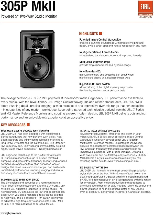 (2) JBL 305P MkII 5" 2-Way Active Powered Studio Reference Monitors Speakers