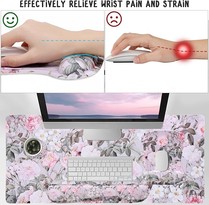 MEGREZ 4-in-1 Ergonomic Memory Foam Wrist Rest Set, Desk Pad, Mouse Pad with Wrist Rest, Keyboard Pad, Suitable for Office Workers, Programmers & Gamers–Relieve Typing & Gaming Fatigue, Pink Flowers