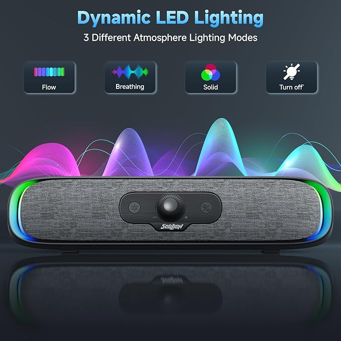SOULION Computer Speakers, USB C/USB Powered PC Speaker with Colorful LED Lights, Plug-N-Play Wired Bluetooth Sound bar with Rotary Control for Desktop Laptop Monitor Office Work Music Black