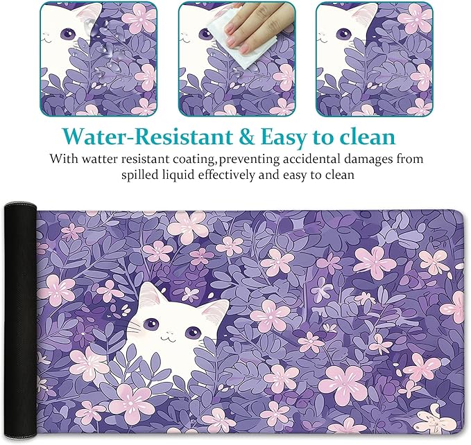 Cat Purple Mouse Pad Large Desk Mat, Kawaii Purple Computer Mousepad with Stitched Edges Non-Slip, Keyboard Mouse Pad for Desktop Cute Office Supplies Desk Decor Accessories 31.5x11.8 in