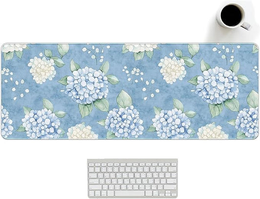 Blue Hydrangea Large Mouse Pad, Flroal Blue and White Desk Mat, Spring Summer Decor Mouse Pad for Desk Large Long White Hydrangea Extra Large Desk Pad Decorative for Office Women 31.5x11.8