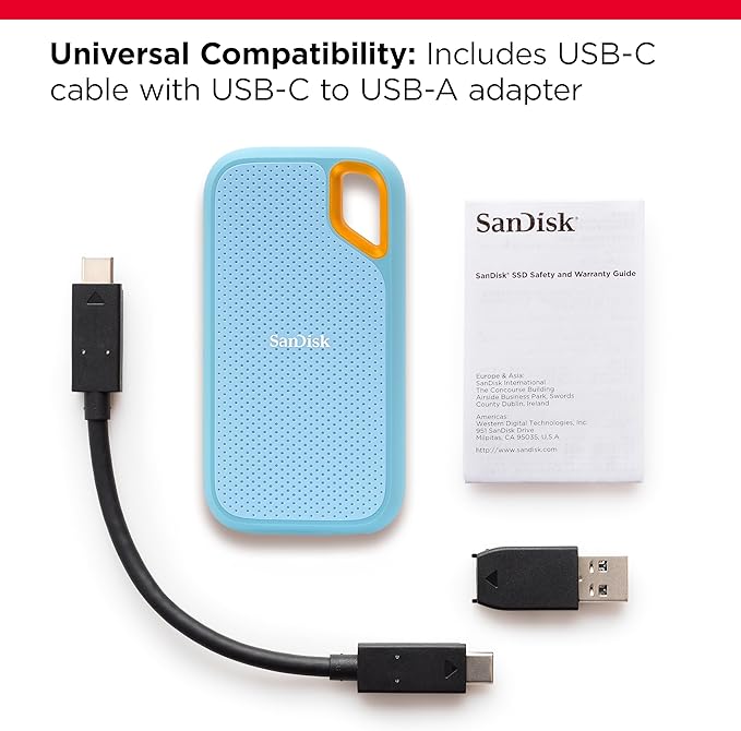 SanDisk 2TB Extreme Portable SSD - Up to 1050MB/s, USB-C, USB 3.2 Gen 2, IP65 Water and dust Resistance, Updated Firmware, Sky Blue - External Solid State Drive - SDSSDE61-2T00-G25B