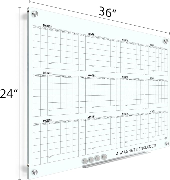 Yearly 24"x36" Glass Magnetic Whiteboard Calendar Planner - Dry Erase Board for Wall Monthly Home Office Large Wall Calendar