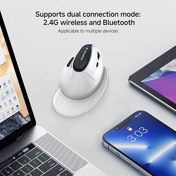 J-Tech Digital Vertical Ergonomic Wireless Mouse – Bluetooth Dual Mode + USB Dongle, Rechargeable, 2.4GHz, Adjustable DPI 3200, for Laptop, Desktop, PC, Mac [V638W]