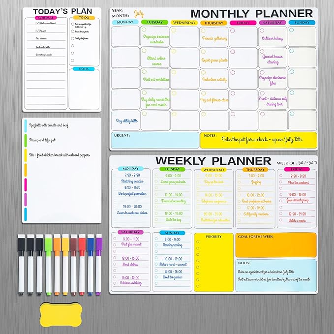 4 Pack Dry Erase Calendar for Fridge, 16.5 x 12 Monthly & Weekly & Daily Chore Chart, Planning Whiteboard with 10 Markers and Eraser, Use for Refrigerator Wall Door- Shopping, Meal/Menu, to Do List
