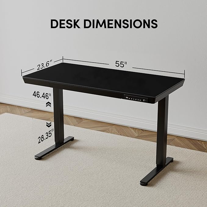 BANTI Electric Standing Desk with Drawers, 55 inch Whole-Piece Glass Desktop, Height Adjustable Stand up Sit Stand Home Office Ergonomic Workstation, Black Tabletop