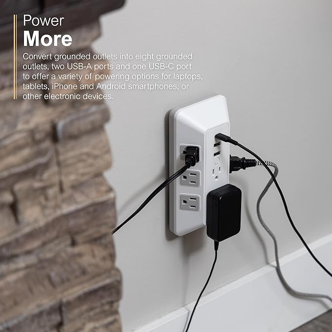 GE 8-Outlet Surge Protector with USB, Outlet Extender, 2 USB-A, 1 USB-C, Adapter Spaced, Multi Plug, Charging Station, for Home School and Office, 2000 Joules, White/Gray - 73654