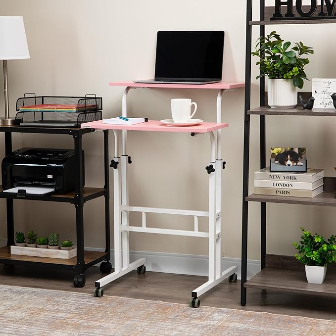 Mind Reader Standing Desk, Adjustable Height Laptop Workstation, Portable Rolling Desk on Wheels, Two-Tier Metal Frame, Pink