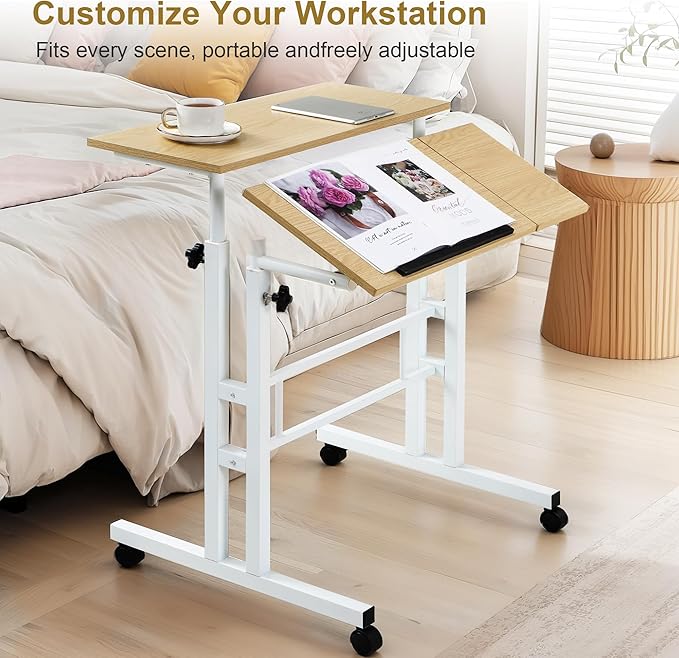 VECELO Mobile Small Standing Desk Adjustable Height, Computer Workstations with Tiltable Tabletop, Lockable Wheels, Portable Rolling Laptop Desk for Home Office, Oak
