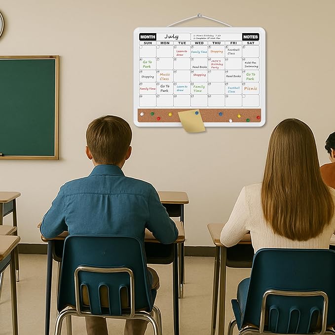 Monthly Calendar Dry Erase Board 16x12 Inch, Double-Sided Whiteboard and Corkboard Combo, Plastic Frame Wall Mounted Planner Organizer with Markers, Magnets, Push Pins, Eraser, for Home Office School