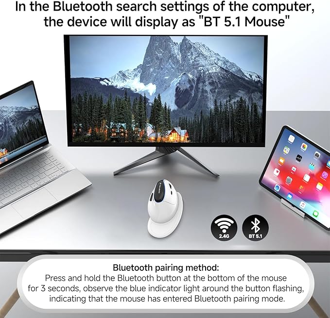 J-Tech Digital Vertical Ergonomic Wireless Mouse – Bluetooth Dual Mode + USB Dongle, Rechargeable, 2.4GHz, Adjustable DPI 3200, for Laptop, Desktop, PC, Mac [V638W]